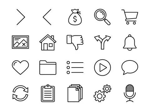 Collection of thin line icons representing navigation, finance, media, comm.. Stock Illustration