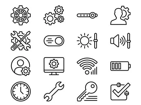 Collection of thin line icons representing settings, tools, and system cont.. Stock Illustration