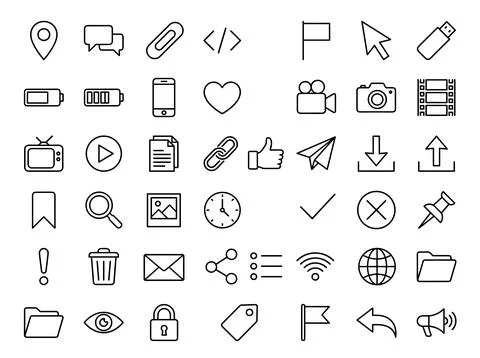Collection of thin line icons representing technology, communication, and g.. Ilustração Stock