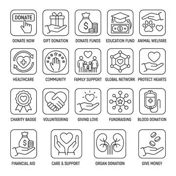 Collection of thin line icons representing charity, donation, and support s.. 스톡 일러스트
