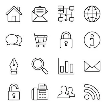 Collection of thin line icons representing technology, communication, and b.. Stock Illustration