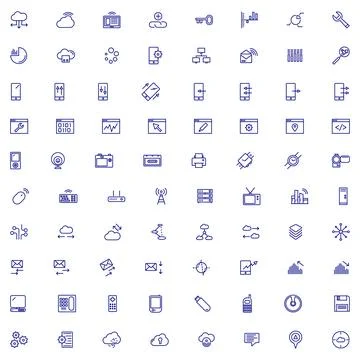 Collection of Thin Line Technology and Communication Icons on White Backgroun Stock Illustration