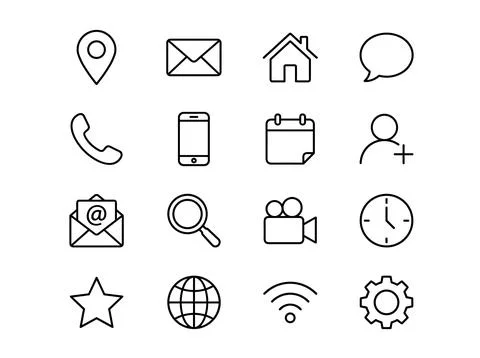 Collection of thin line vector icons representing communication, location, .. Stock Illustration