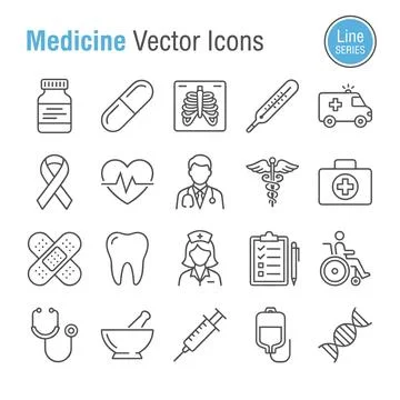 Collection of thin line vector icons representing medical symbols and healt.. Stock Illustration