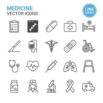 Collection of thin line vector icons representing medical and healthcare sy.. Stock Illustration