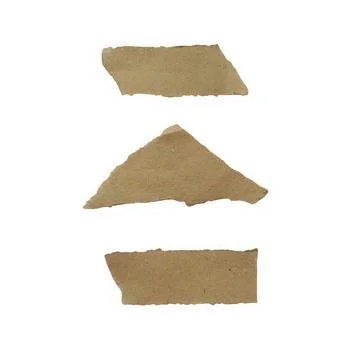 A collection of three distinct pieces of torn brown paper scraps arranged v.. Ilustração Stock