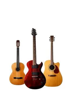 Collection of three guitars on a white isolated background. Stock Photos