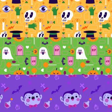 Collection of three halloween design vector seamless pattern Stock Illustration