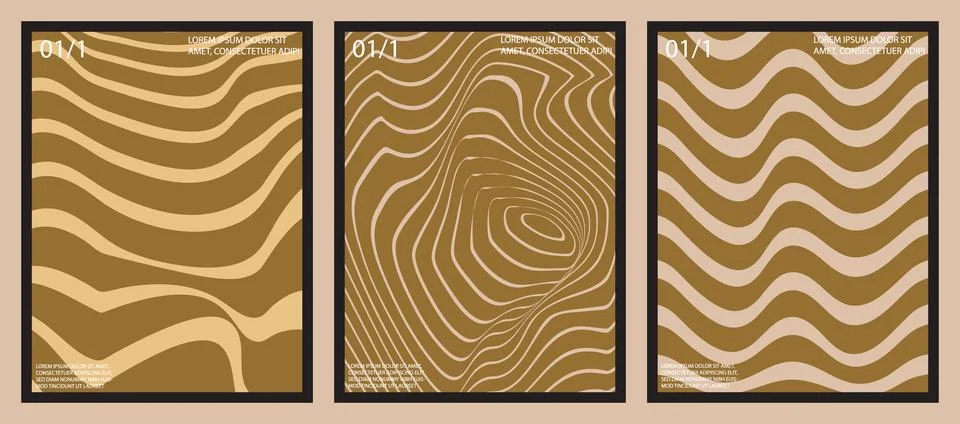 A collection of three minimalist posters featuring fluid, wavy line patterns  Ilustración de archivo