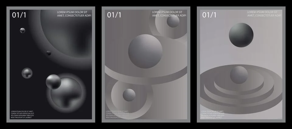 A collection of three modern abstract posters featuring 3D spheres and circul Stock Illustration