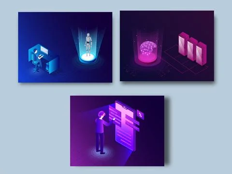 Collection of three responsive web templates for Deep Learning concept. Stock Illustration