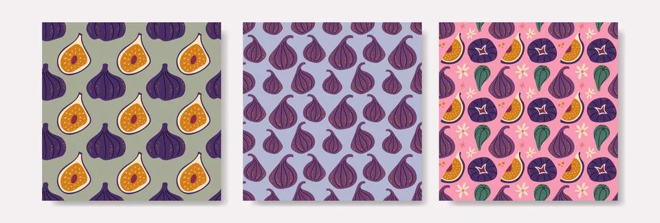 Collection of Three Seamless Fig Patterns with Purple Figs and Green Leaves Stock Illustration