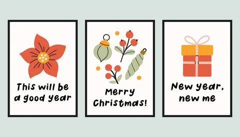 Collection of three simple New Year and Christmas posters. Trendy winter vector Stock Illustration