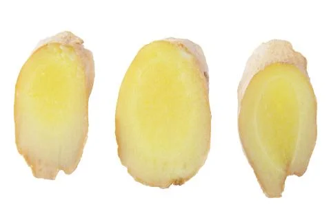 Collection of three slices ginger root isolated on white Stock Photos