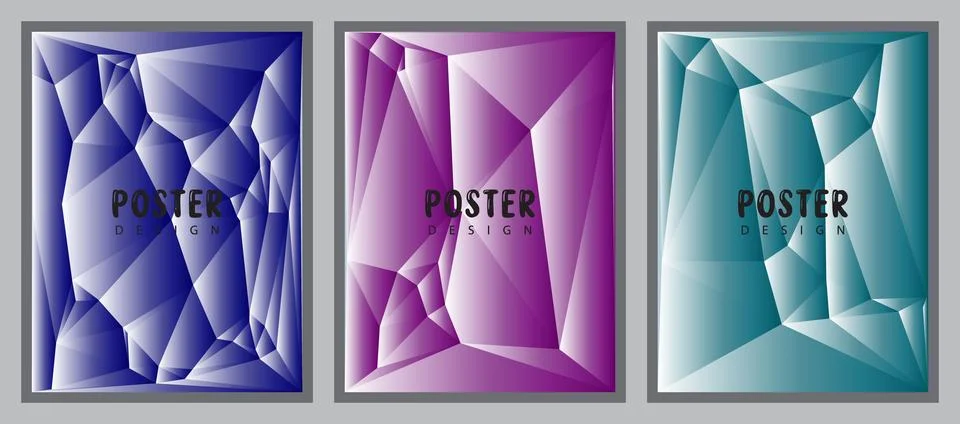 A collection of three vertical poster designs featuring abstract low poly geo Stock Illustration