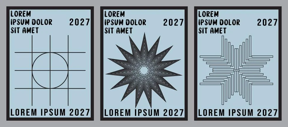 A collection of three vertical posters featuring light blue backgrounds, bold Stock Illustration