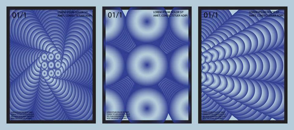 A collection of three vertical posters featuring abstract blue circular patte Stock Illustration