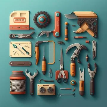 A collection of tools and tools arranged in a square shape on a blue backgr.. Stock Illustration
