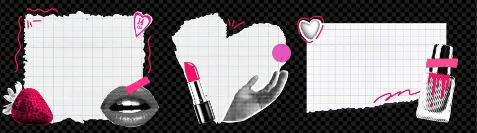 A collection of torn notebook papers. With elements of collage hands and Stock Illustration