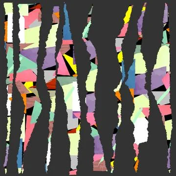 Collection of torn strips of paper with different textures on a gray backgrou Stock Illustration