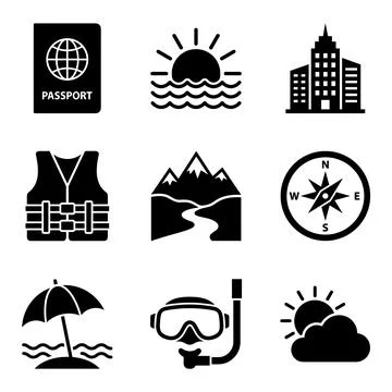 Collection of travel and vacation icons including passport, life jacket, mo.. Stock Illustration