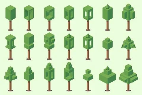A collection of tree elements made from blocks with 3D shapes Stock Illustration
