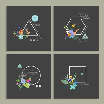 Collection of trendy creative cards. Stylish decor with flowers, birds and ge Stock Illustration