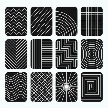 Collection of twelve abstract geometric patterns in black and white, featur.. Illustrazione stock