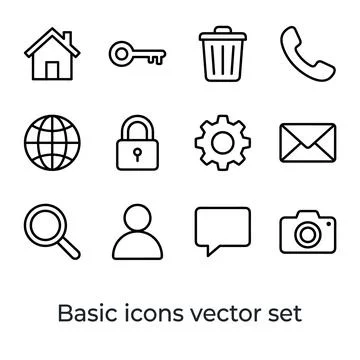Collection of twelve basic outline vector icons including house, key, trash.. Stock Illustration
