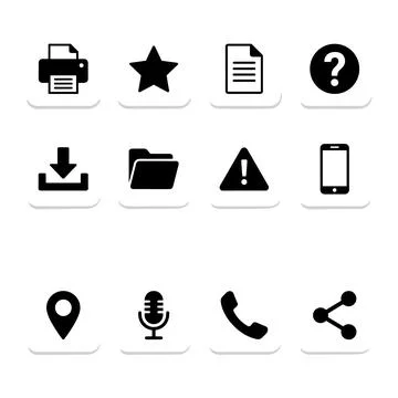 Collection of twelve black vector interface icons including printer, star, .. Stock Illustration