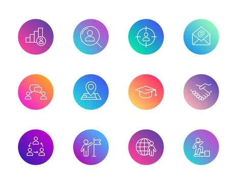A collection of twelve colorful gradient circular icons Stock Illustration