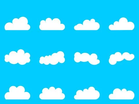A collection of twelve different cloud shapes on a bright blue background. .. Stockillustratie