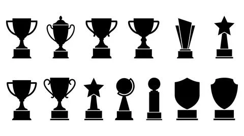 Collection of twelve distinct award trophy silhouettes for achievement Stock Illustration