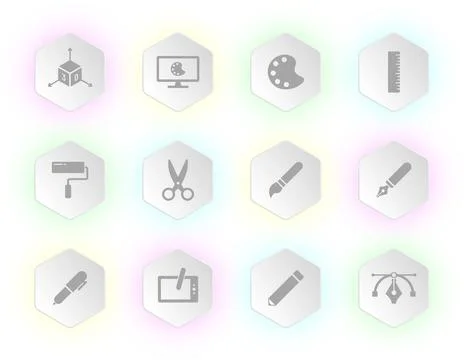 A collection of twelve soft glowing hexagonal buttons 스톡 일러스트