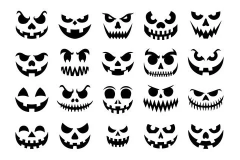 A collection of twenty different black spooky and funny Halloween pumpkin f.. Stock Illustration