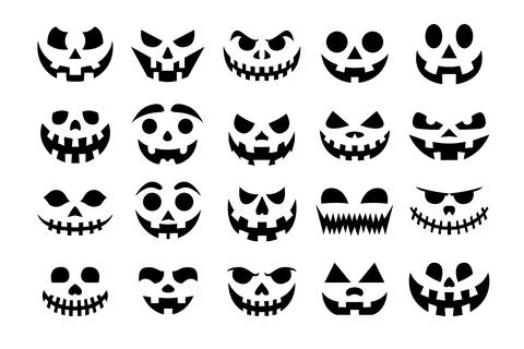 A collection of twenty different black spooky and funny Halloween pumpkin f.. Stock Illustration