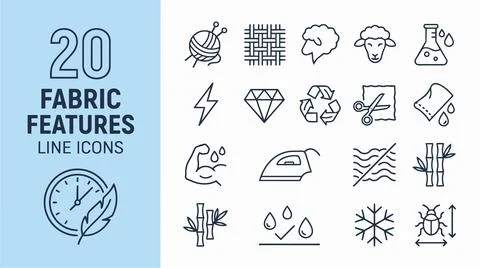 Collection of twenty fabric features line icons on blue background with leaf. 스톡 일러스트