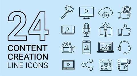 Collection of twenty four content creation line icons for social media and .. Stock-Illustration