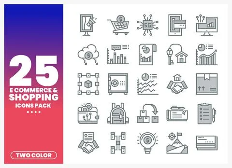 Collection of two-color e-commerce and shopping icons displayed in a grid. Stock Illustration