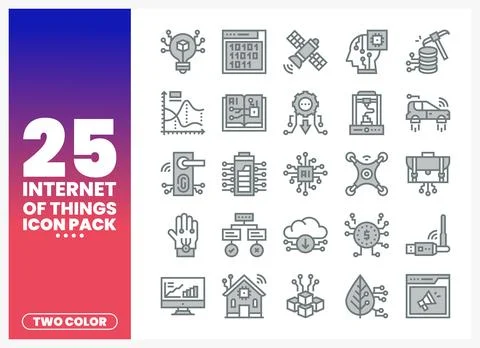 Collection of two-color Internet of Things icons arranged in a grid with a .. Ilustração Stock