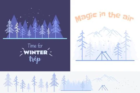 Collection of two outlined illustrations in blue colours. Outlined winter set Stock Illustration