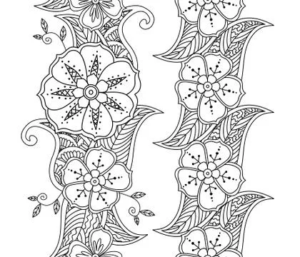 Collection of two vertical monochrome seamless pattern floral borders Stock Illustration