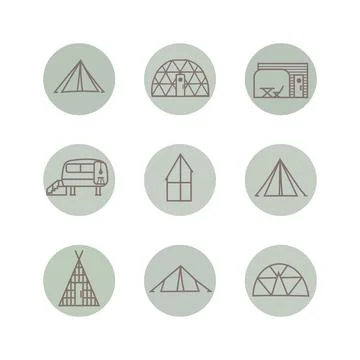 Collection of type glamping house for web, social media. Line icon of tent Stock Illustration
