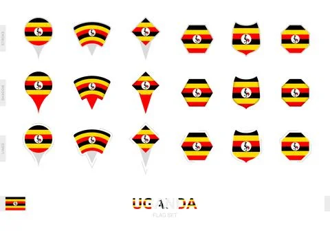 Collection of the Uganda flag in different shapes and with three different .. Stock Illustration
