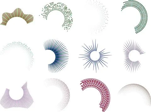 Collection of unique abstract circular designs composed of various colorful.. Иллюстрация