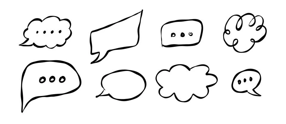 A collection of unique, hand-drawn speech bubbles in multiple shapes and size Stock Illustration