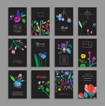 Collection of unusual cards with flowers. Beautiful freehand colorful illustr Stock Illustration
