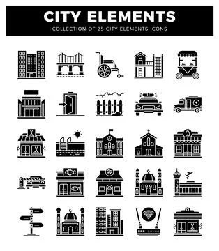 Collection of urban elements. diverse city icons with a monochrome style.  .. Stockillustratie