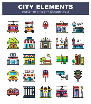 Collection of urban elements icons in a flat illustration with vibrant colors 스톡 일러스트