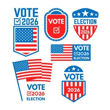 A collection of US election labels and badges featuring patriotic flags, st.. Stock-Illustration